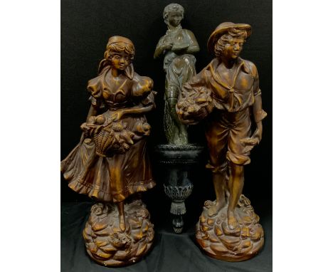 A pair of plaster figures, bronze effect of ‘Maiden and Working Man’, 50cm high; a bronzed effect plaster figure of Grecian o
