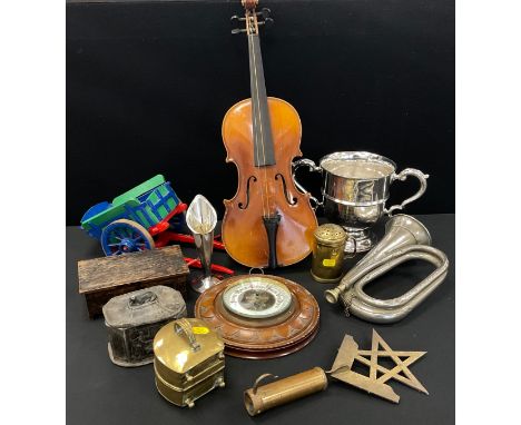 Boxes and Objects - a military bugle; an aneroid barometer; an agricultural presentation prize cup; a Masonic pole head; a 19