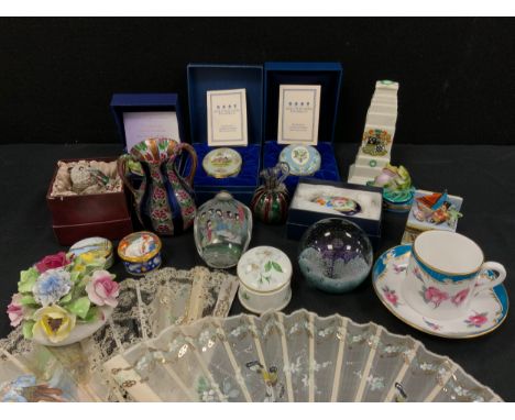 Halcyon days enamels pill boxes including; ‘Diana', 'The Tea Party', others include Limoges; Caithness paperweight, 20th cent