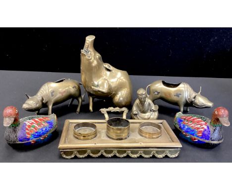 Boxes and Objects - a Chinese bronze animal form censer; a pair of cloisonné boxes, as ducks; a Regency inkstand; etc 
