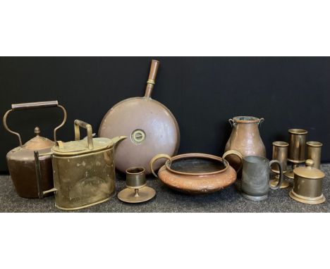 A set of bronze cylinders inc match striker, spill vases, etc Arts And Craft hammered vessel, brass watering can etc 