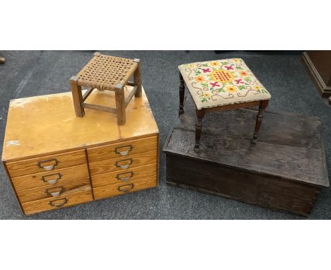 A 19th century rectangular trunk or tool chest, hinged lid, 33cm x 84cm x 53cm;  an industrial pine chest, with two rows of f