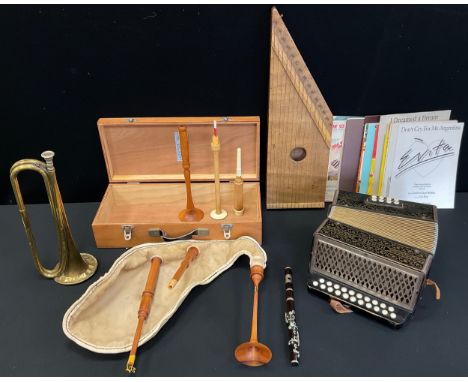 Musical Instruments - A Julian Goodachre bagpipe, Hohner accordion, parade trumpet, music sheets; etc (6) 