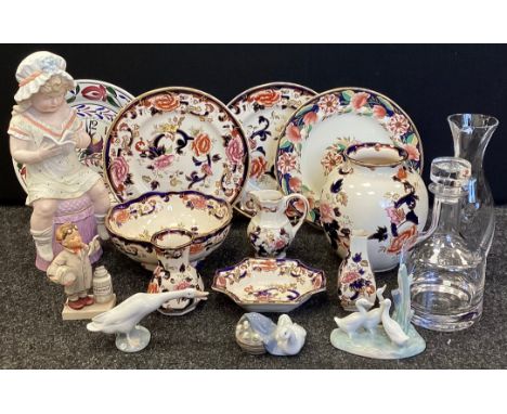 Ceramics - a 19th century continental bisque porcelain figure Girl Reading, printed marks,  Lladro Geese, Masons Ironstone Ma