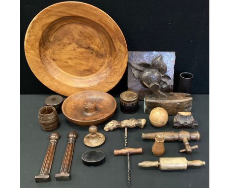 Boxes &amp; Objects - 19th century snuff box,  string box, Japanese lacquered dice shaker, corkscrews, bowl, nut cracker etc 