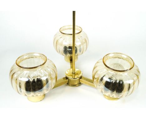 A pair of three light hanging pendant lights, each with gilt metal three branch issuing fluted glass shades, 38.5cm high.