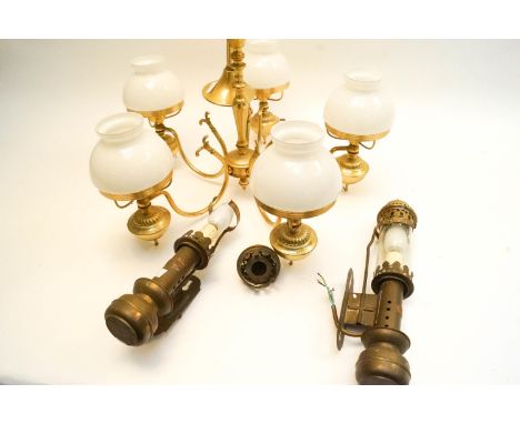 Two GWR carriage lamps and a three branch ceiling light