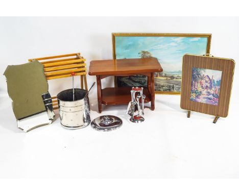 A collection of furniture including a picture, table, planter, mirror, fire screen and fire irons