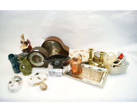 An oak cased mantel clock, another clock and other items