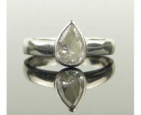 A large pear shaped solitaire diamond ring,
approx. 1ct, diamond height 8mm, 18ct white gold settings, size N.