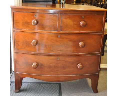 A 19th century mahogany bow front 4 drawer chest,
raised on bracket feet, width 3', height 2'11", depth 1'8.5".