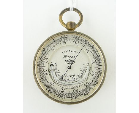 A Victorian pocket barometer/thermometer,
brass case in original leather travelling case, case width 48mm.