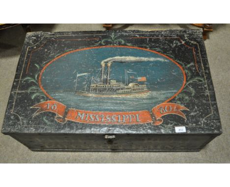 A 19th century painted pine trunk,
having an oval panel of a steam ship, Mississippi 1880, of the pilot Ruth Royston Bains, l