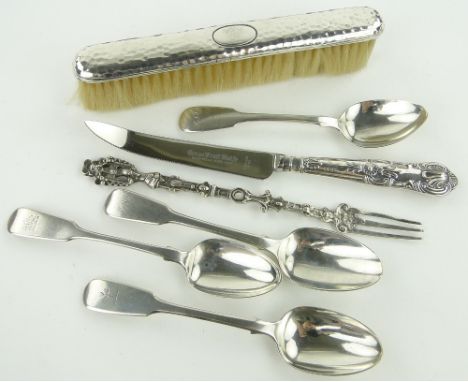 Group of silver items 
including various spoons, serving fork, etc., (7).