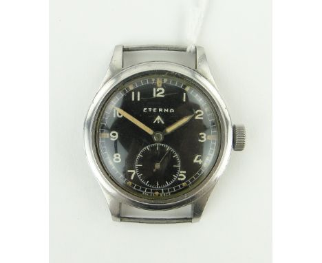 An Eterna stainless steel military wristwatch,
mid 20th century with black dial and MOD mark to dial and case.