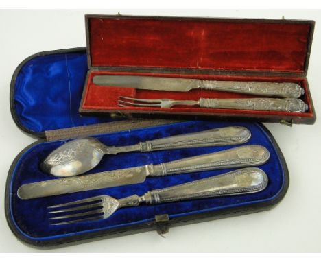 Victorian 3-piece silver Christening knife, fork and spoon,
together with a cased silver knife and fork, (2 cases).