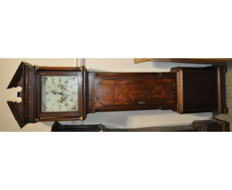 18th century 8-day long case clock,
striking on a bell, having a 13" square painted dial with 2 subsidiary dials, having an a