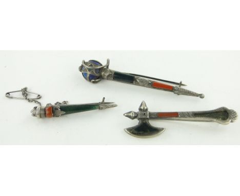 3 Scottish silver and agate set sword/axe brooches.