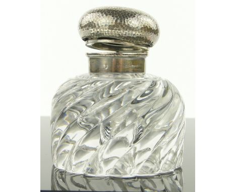 Heavy glass spiral design inkwell,
with hammered white metal hinged lid, unmarked, base 10cm across.