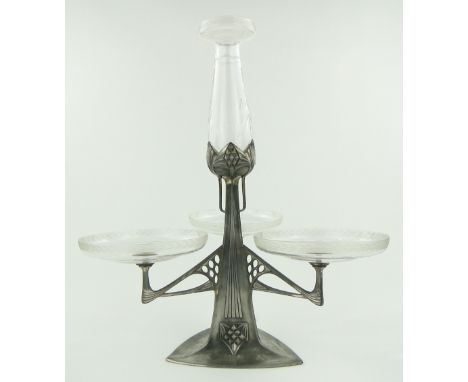 A WMF Art Nouveau table centre dish,
with electroplate support, and original cut glass dishes, height 19"