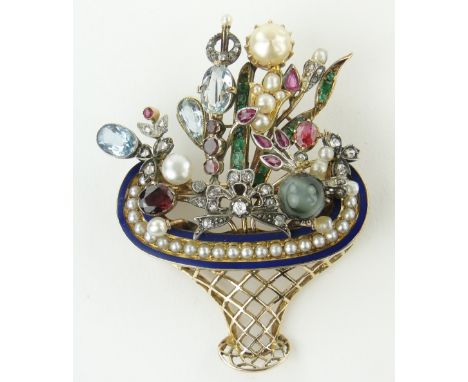 An ornate diamond and gemstone set brooch in the form of a basket of flowers,
with blue enamel and pearl bands, unmarked gold
