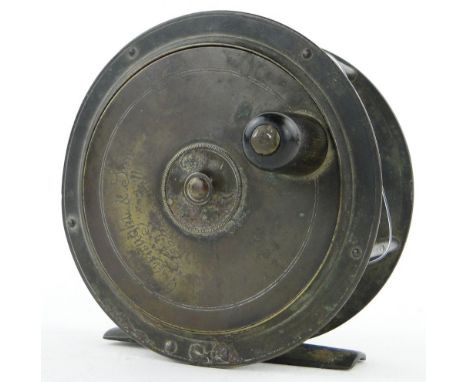 An Irish 19th century brass salmon fly fishing reel
with bone handle by J Enright & Son, Castle Connell, 4".