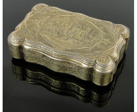 19th century unmarked continental silver snuff box,
with engraved designs, length 8cm.