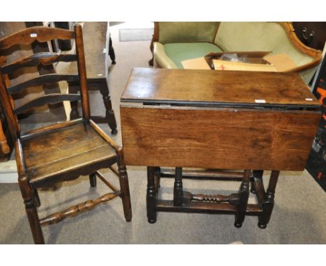 An 18th century oak single drop leaf side table,
turned baluster legs and an 18th century country oak ladder back side chair,