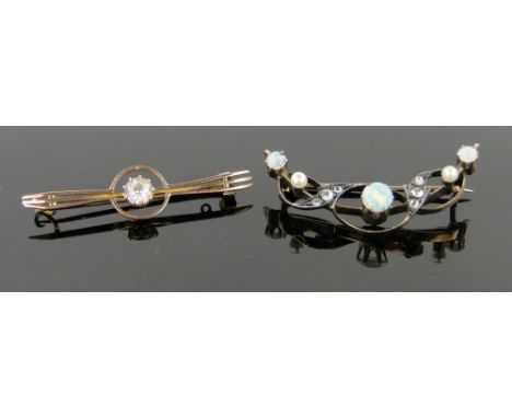 An Edwardian opal, diamond and pearl set interwoven brooch,
and a solitaire diamond bar brooch (2).