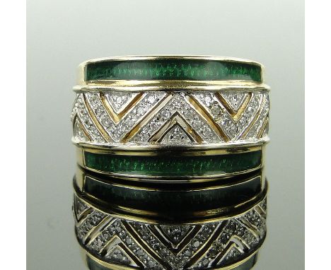 A 9ct gold diamond and green enamel band ring,
size S.