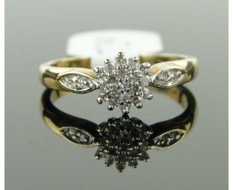 9ct gold diamond cluster ring, 
size J.