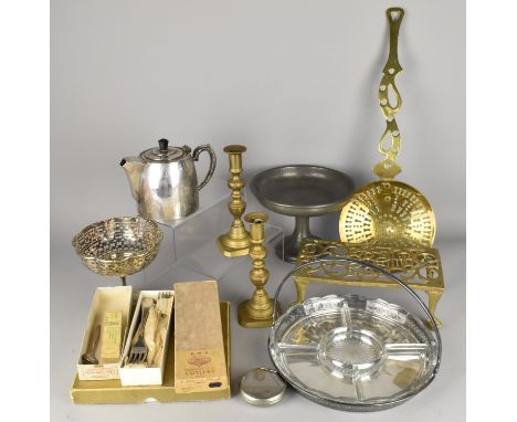 A Collection of Various Metal Wares to Comprise Brass Skimmer, Kettle Stand, Silver Plate and Glass Horderves Dish, Candlesti