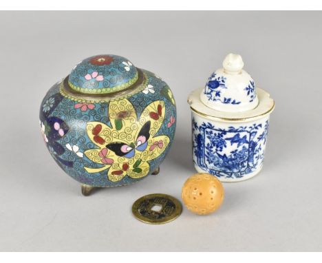 A Collection of Various Oriental Items to include Blue and White Lidded Ink Pot, Coin, Carved Globe Bead and a Japanese Clois