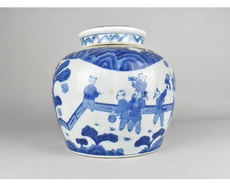 A Large Chinese Blue and White Ginger Jar Decorated with Exterior Garden Setting Depicting Children Playing, 23.5cm high