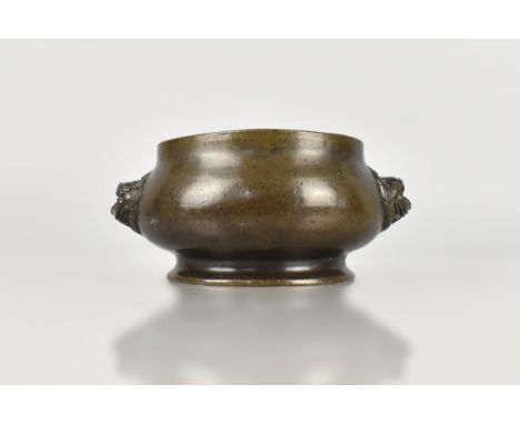 A Large Chinese Bronze Censer with Twin Temple Lion Mask Handles, Seal Mark to Base, 18cm wide Max and 7.5cm high