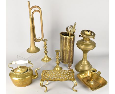 A Collection of Various Brass to Comprise Oil Lamp, Fire Companion, Candle sticks etc (Various Condition)