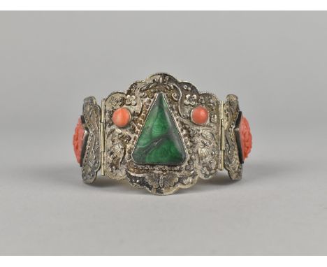 An Early 20th Century Chinese Silver, Malachite and Coral Sectional Bracelet, Central Shaped Panel with Primary Triangular Cu