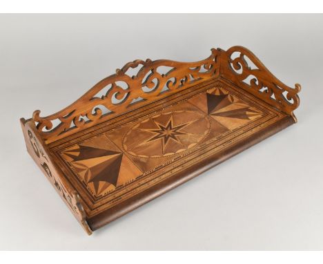 A Parquetry Inlaid Galleried Rectangular Stand, Perhaps for Top Shelf of a Whatnot, Missing One Bun Foot, 49cms Wide