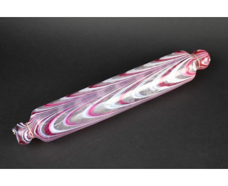 A Victorian Nailsea Glass Rolling Pin, Red and White Swirl Decoration, 37cms Long