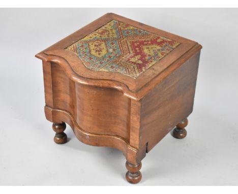 A Victorian Box Commode with Hinged Lid to Interior having Ceramic Lidded Pan, Serpentine Front and Turned Supports with Pull