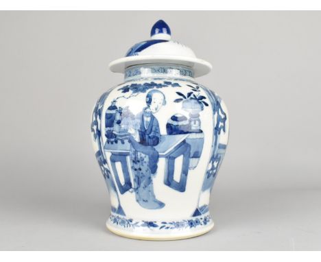 A Chinese Qing Dynasty Porcelain Blue and White Jar and Cover Decorated with Four Panels Depicting Maidens in Exterior and Do