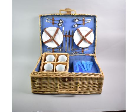 A Late 20th Century Large Wicker Picnic Hamper Containing Plates, Mugs, Cutlery Etc, 55cms Wide