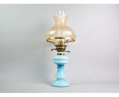 An Edwardian Opaque Blue Glass Based Oil Lamp with Etched Shade and Plain Chimney, Overall Height 51cms
