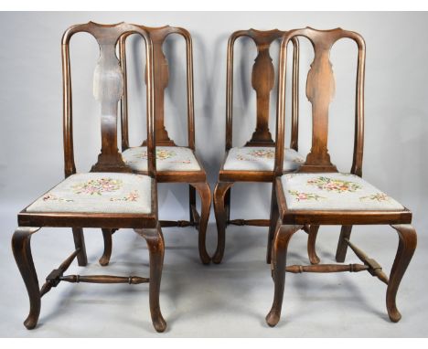 A Set of Four Queen Anne Style Dining Chairs with Tapestry Pad Seats