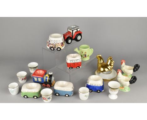 A Collection of Various Ceramic Egg Cups to Include Novelty Examples, Tractor, VW Camper Vans, Chickens etc
