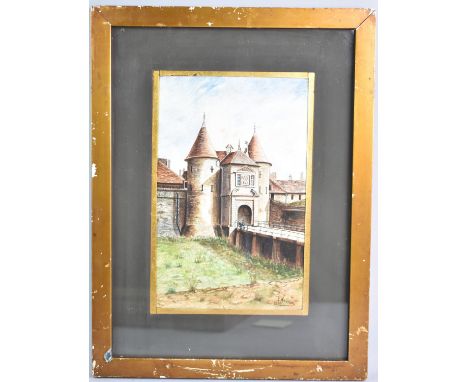 A Framed Continental Watercolour Depicting Fortified Town Gate, 15x25cms