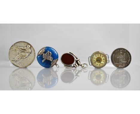 A Collection of Various Curios to include Silver Bloodstone and Carnelian Fob, White Metal Theodor Storm Commemorative Medall