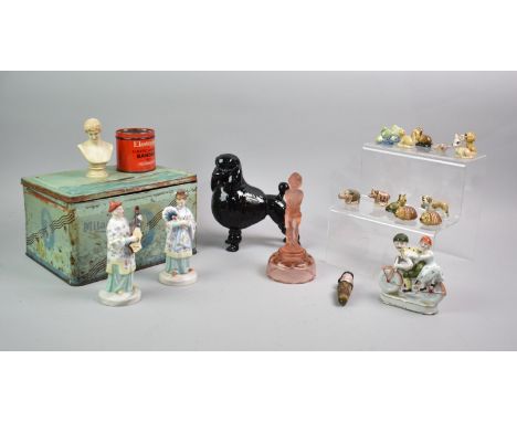 A Vintage Milady Tin Containing Various Ceramics to include Wade Whimsies, Fairings Etc