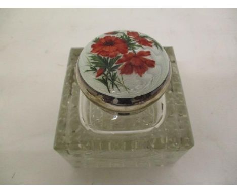 An Edwardian enamelled silver and clear glass inkwell by R H Halford &amp; Sons, London 1905, with a mushroom shaped hinged c