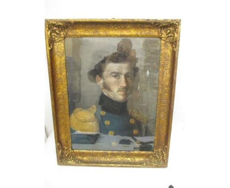 An 18th/19th century head and shoulder portrait of an Officer in dress uniform, with a blue jacket with gold braid epaulets, 